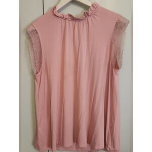 F93 Good Hart soft Peachy-Pink Lace Sleeve Ruffle Neck Blouse tie closure @ back